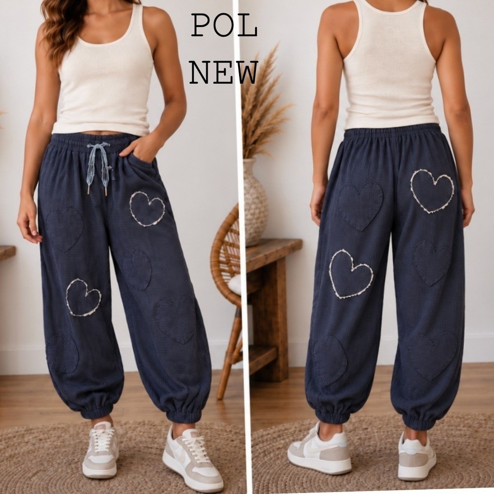NEW POL Heart Patch Waffle Knit Joggers Women Large Blue Boho Lounge Pants UWP97